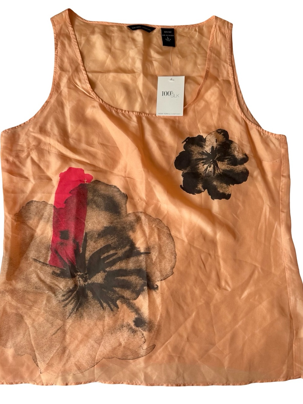 NWT New York & Company Women’s 100% Silk Peach Floral Scoop Neck Tank Top Size L